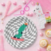 Freeride Snowboarder in Green Suit Grijs gecontrol Papieren Bordje (Feest)