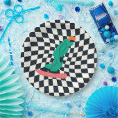 Freeride Snowboarder in groene Suit gecontroleerd Papieren Bordje (Feest)