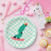 Freeride Snowboarder in groene Suit Gecontroleerde Papieren Bordje (Feest)