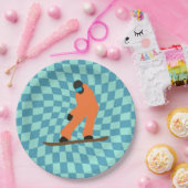 Freeride Snowboarder in Oranje Suit gecontroleerd Papieren Bordje (Feest)