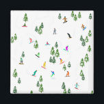Freeride Snowboarder Snowboarding Illustratie Magneet<br><div class="desc">Koel-witte illustratiekunst met kleurrijke sneeuwboarders,  sneeuwboarden in bergen onder pijnbomen,  sparren,  vette bomen op vers sneeuwpoeder. Snowboard en xmas buitensport in een winterbos. Snowboarder giften. Snowboardkerstdecor.</div>