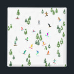 Freeride Snowboarder Snowboarding Illustratie Magneet<br><div class="desc">Koel-witte illustratiekunst met kleurrijke sneeuwboarders,  sneeuwboarden in bergen onder pijnbomen,  sparren,  vette bomen op vers sneeuwpoeder. Snowboard en xmas buitensport in een winterbos. Snowboarder giften. Snowboardkerstdecor.</div>