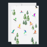 Freeride-snowboarders snowboarden met Kerstmis Kaart<br><div class="desc">Koele whimserige illustratie kunst van kleurrijke snowboarders,  snowboarden bergafwaarts in de bergen tussen pijnboom-,  sparren- en dennenbomen op verse sneeuwpoeder. Snowboarden en Kerstmis buitensport in een winterbos. Snowboarder cadeaus. Kerstversiering voor snowboarden.</div>