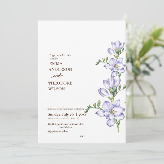 Freesia minimalistische moderne mooie bloemenbruil kaart (Staand voorkant)