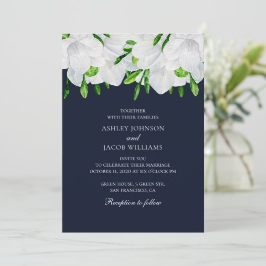 Freesia. Witte bloemen. Marine tuin bloemenbruilof Kaart (Staand voorkant)