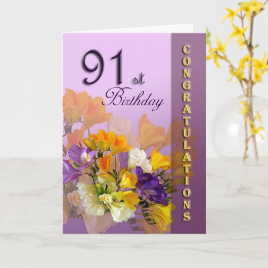 Freesias 91st Birthday Gefeliciteerd Kaart (Gele Bloem)