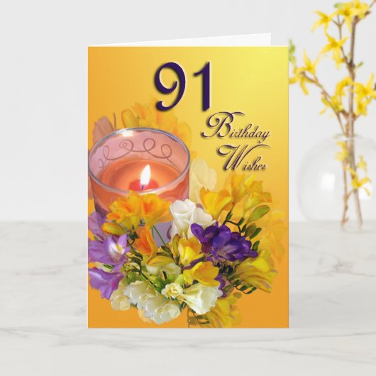 Freesias 91st Birthday Wishes Wenskaart Kaart (Gele Bloem)