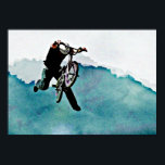 Freestyle BMX-fietstunt Poster<br><div class="desc">Een daring bike-truc in de lucht na een steile oprijsprong. Levendige blauwe kleuren in een coole en leuke artistieke geschilderde stijl. Voeg een naam of een bedrijf toe om te personaliseren voor extreme bmx-liefhebbers,  eigenaars van sportwinkels,  enz.</div>