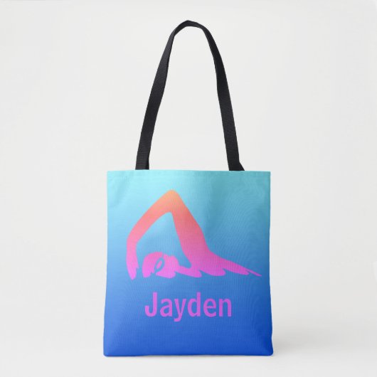 Freestyle zwemmer, roze op blauw, gepersonaliseerd tote bag (Voorkant)