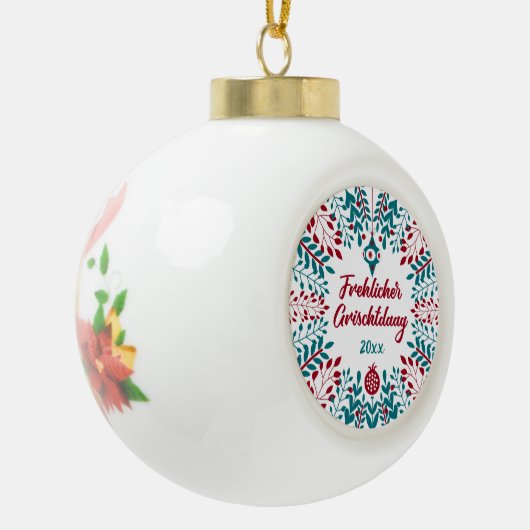 Frehlicher Grischtdaag, Pennsylvania Dutch Xmas Keramische Bal Ornament (Links)