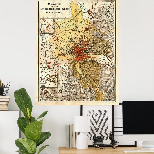  Freiburg im Breisgau Duitsland Map (1911) Poster (Thuiskantoor)