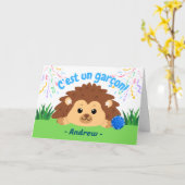 French Baby Boy Gefeliciteerd met Hedgehog Kaart (Gele Bloem)