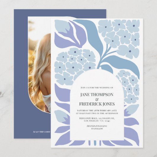 French Blue Abstract Floral Modern Spring Wedding Kaart (Voorkant / Achterkant)