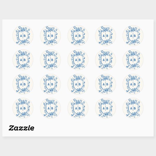 French Blue Botanical Crest Wedding Monogram Ronde Sticker (Vel)