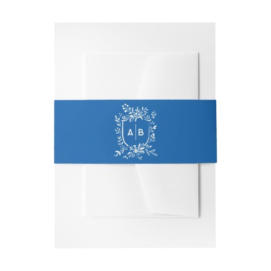 French Blue Botanical Crest Wedding Monogram Uitnodigingen Wikkel (Voorkant Voorbeeld)