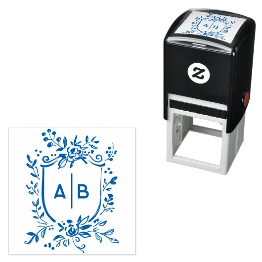 French Blue Botanical Crest Wedding Monogram Zelfinktende Stempel (In situ)
