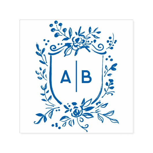 French Blue Botanical Crest Wedding Monogram Zelfinktende Stempel (Design)