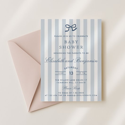 French Blue Bow & Stripes Baby shower Kaart