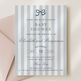 French Blue Bow & Stripes Baby shower Kaart
