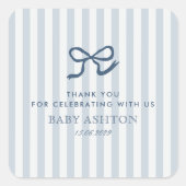 French Blue Bow & Stripes Baby shower Vierkante Sticker (Voorkant)