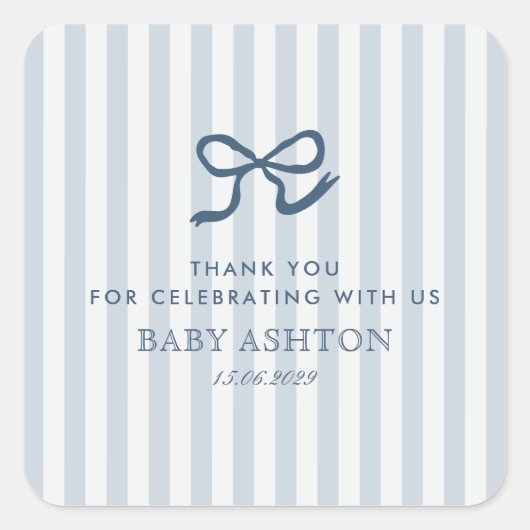 French Blue Bow & Stripes Baby shower Vierkante Sticker (Voorkant)