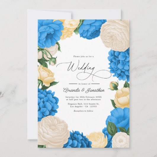 French Blue/Buttercream & Soft Gold Floral Wedding Kaart (Voorkant)