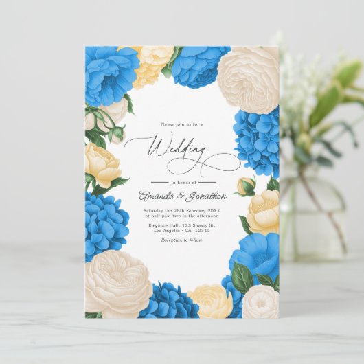 French Blue/Buttercream & Soft Gold Floral Wedding Kaart (Staand voorkant)