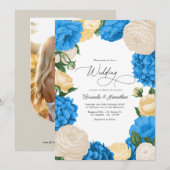 French Blue/Buttercream & Soft Gold Floral Wedding Kaart (Voorkant / Achterkant)