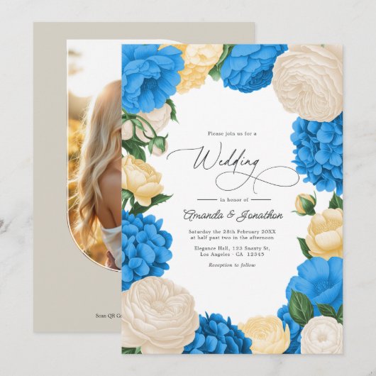 French Blue/Buttercream & Soft Gold Floral Wedding Kaart (Voorkant / Achterkant)