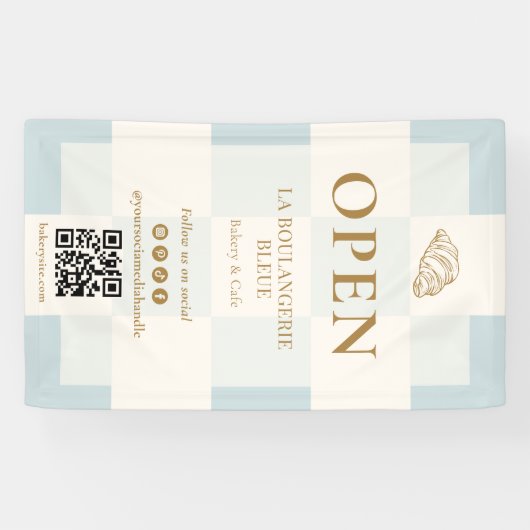 French Blue Checkered Croissant QR Bakery Display Spandoek (Horizontaal)