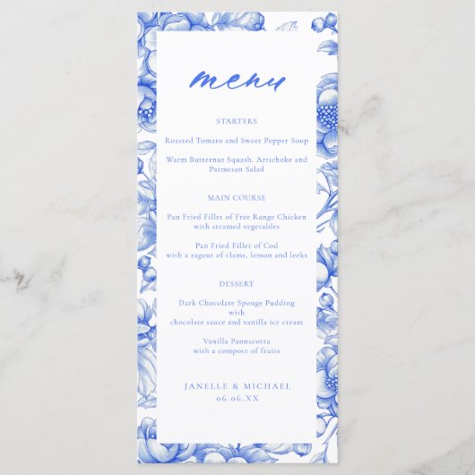 French Blue Chinoiserie Script Wedding Menu (Voorkant)