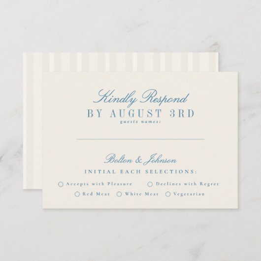 French Blue  Cream Stripe bruiloft RSVP Kaartje (Voorkant / Achterkant)