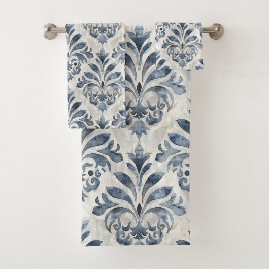 French Blue Damask Towel Bad Handdoek (Insitu)