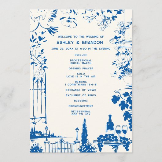 French Blue European Garden Whimsical Wedding Programmakaart (Voorkant)