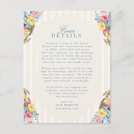 French Blue Floral Bouquet huwelijksdetails Informatiekaartje (Voorkant)