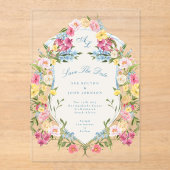 French Blue Floral  Crest Bewaar de datum Acryl Uitnodigingen (Voorkant)
