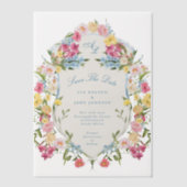 French Blue Floral Crest Bewaar de datum Vellum Uitnodigingen (Voorkant)