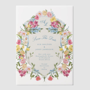 French Blue Floral Crest Bewaar de datum Vellum Uitnodigingen