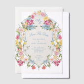French Blue Floral  Crest Bewaar de datum Vellum Uitnodigingen (Offset)