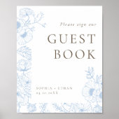 French Blue Floral Line Art Guest Book Poster (Voorkant)