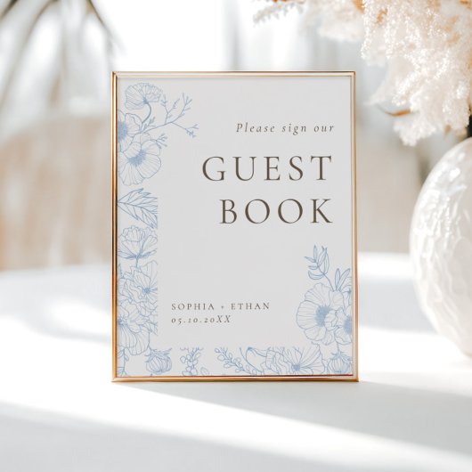 French Blue Floral Line Art Guest Book Poster