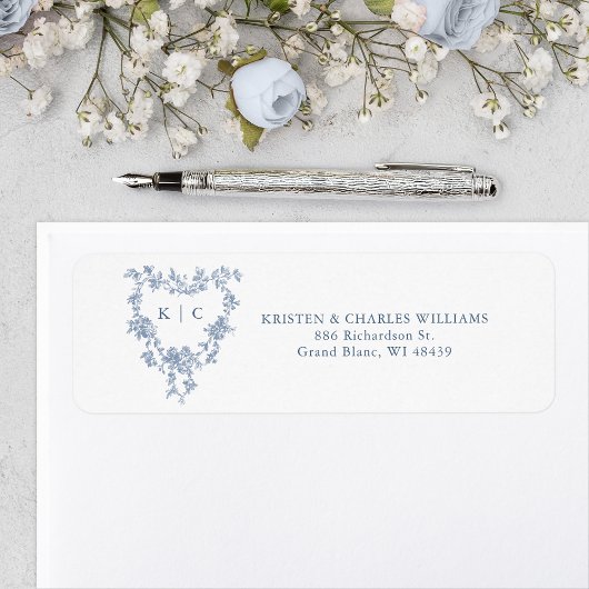 French Blue Floral Monogram Crest Etiket