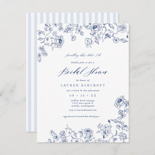 French Blue Floral Vrijgezellenfeest Uitnodiging (Voorkant / Achterkant)