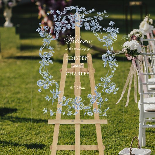  French Blue Flowers & Ribbons Wedding Welcome Acryl Bord