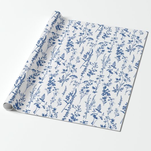 French Blue Garden Wildflowers Patroon Cadeaupapier (Uitgerold)