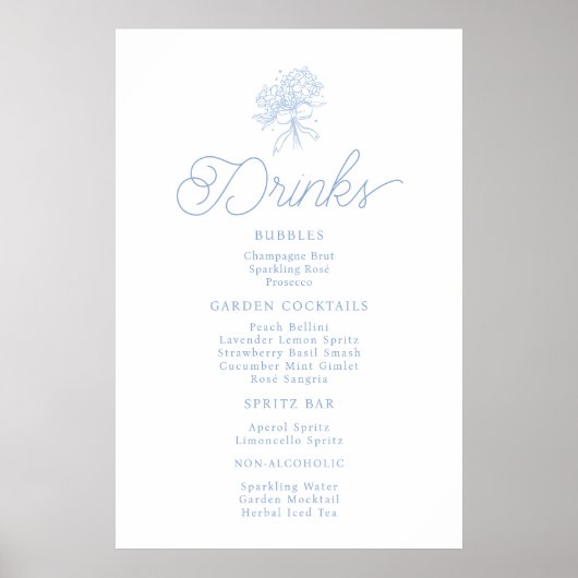 French Blue Hydrangea Drinks Menu Sign Poster (Voorkant)