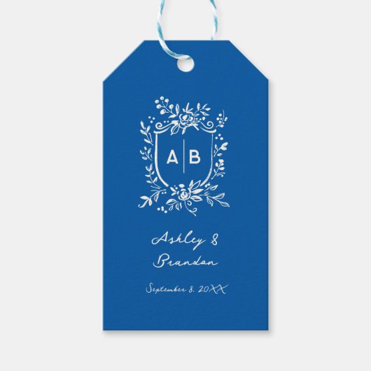 French Blue Monogram Crest Old World Wedding Cadeaulabel (Voorkant)