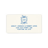 French Blue Monogram Crest Wedding RSVP Address Etiket (Voorkant)