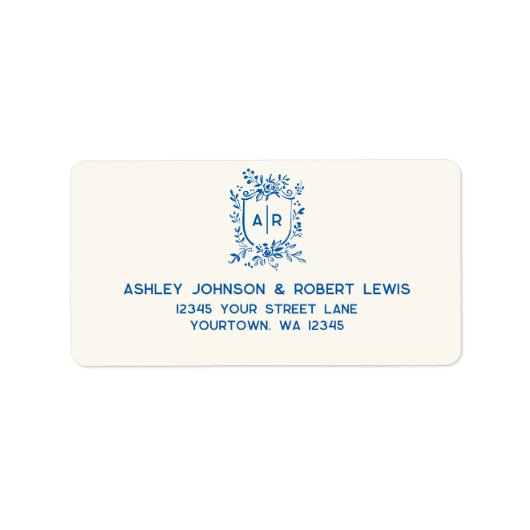 French Blue Monogram Crest Wedding RSVP Address Etiket (Voorkant)