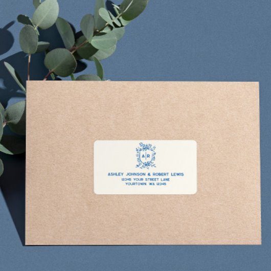 French Blue Monogram Crest Wedding RSVP Address Etiket